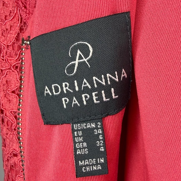 Adrianna Papell Coral Lace Cocktail Dress Wedding Guest Formal Sheath Size 2 - Picture 9 of 14